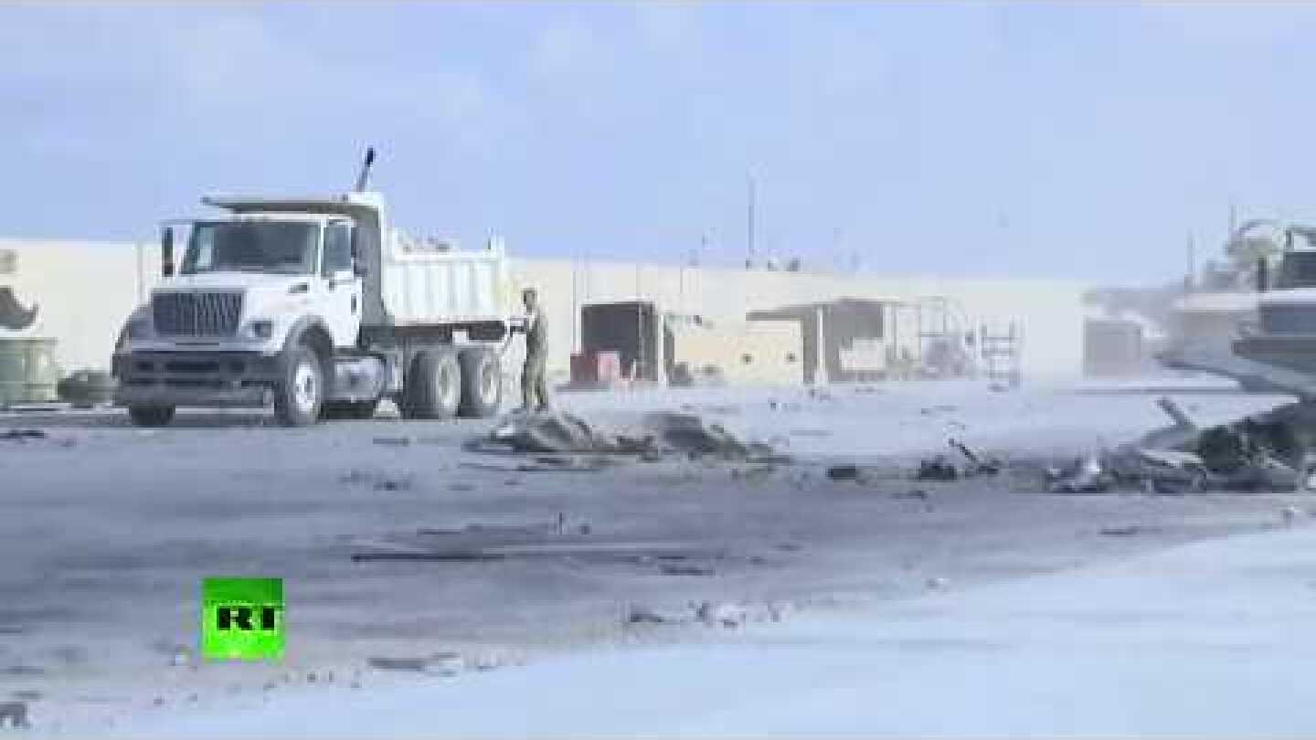 Damage inside al Assad air base in Iraq, the US base that was targeted by Iran