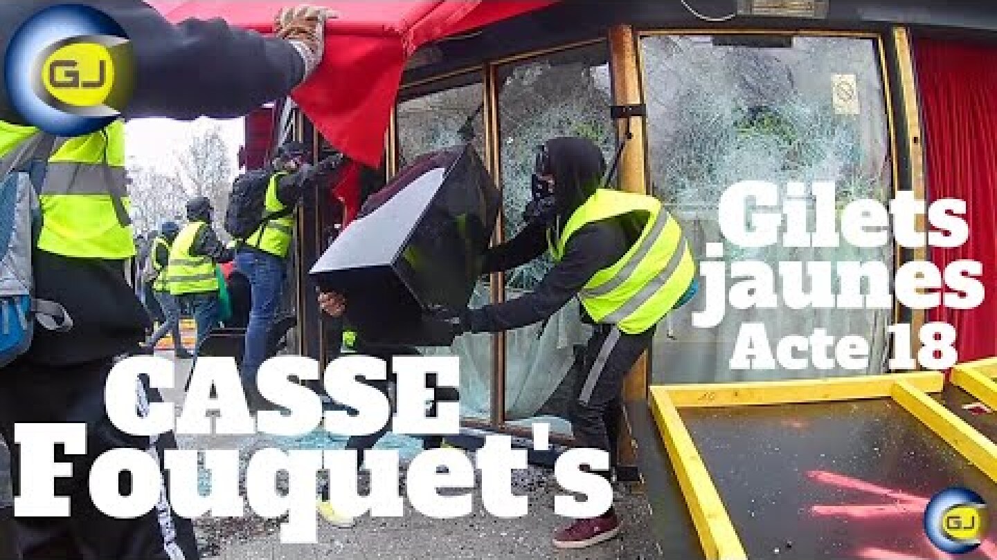 Destruction, casse intégrale du Fouquet's. Paris, Champs-Élysées, gilets jaunes, 16 mars, acte 18.