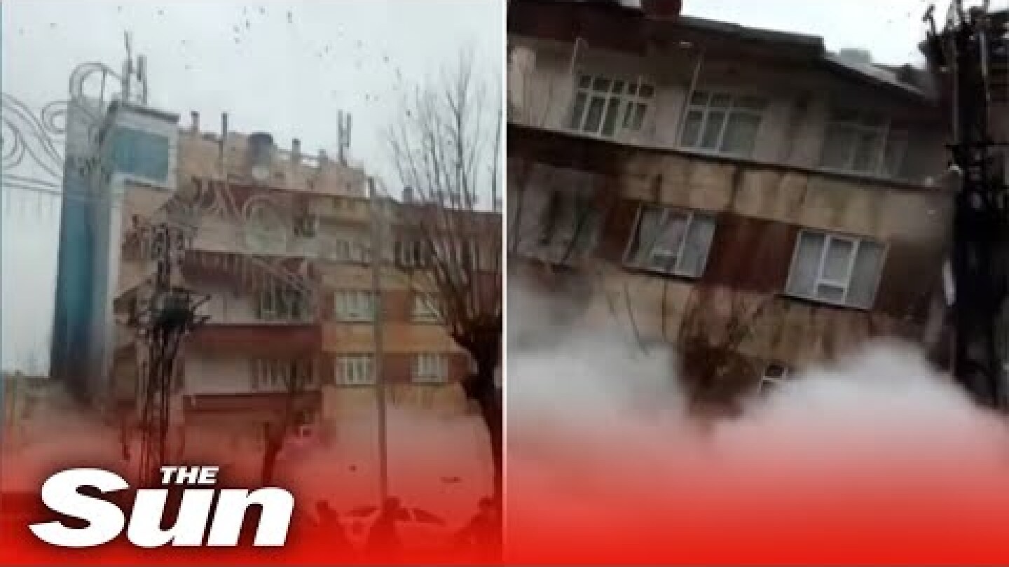 Shocking moment building collapses after second 7.8 earthquake in Turkey