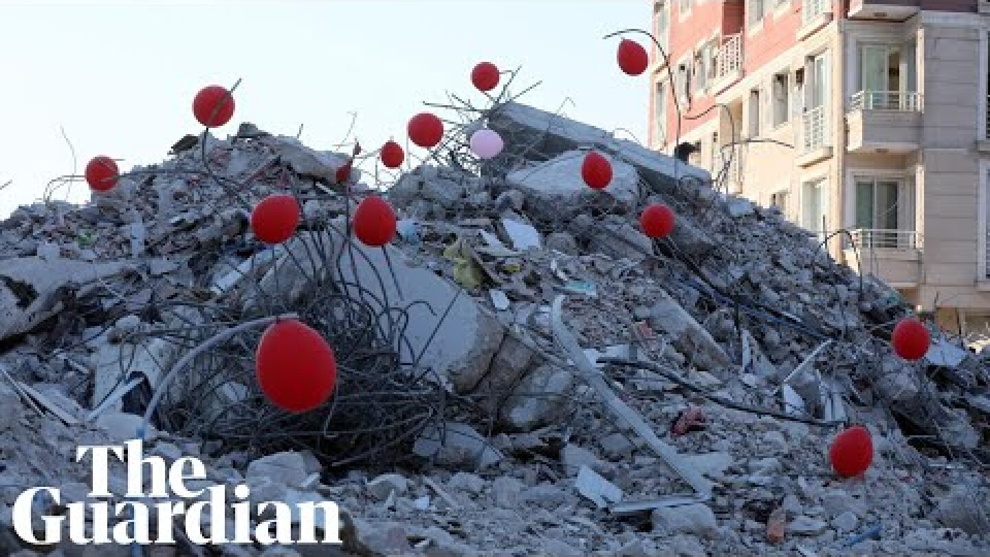 Balloons dot the rubble in Hatay to honour Turkey's young earthquake victims