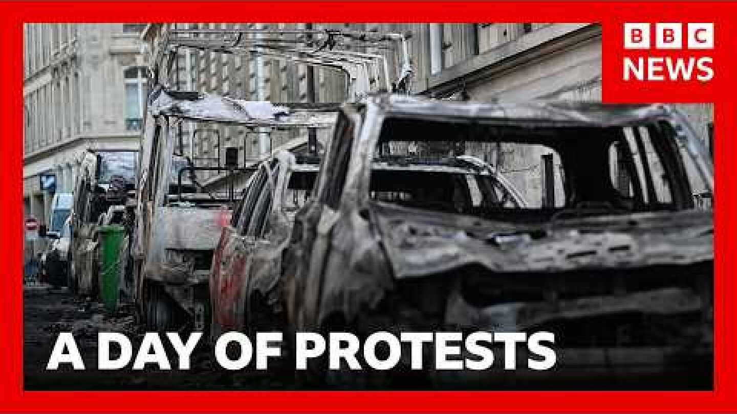 Violent clashes and buildings ablaze in France protests | BBC News