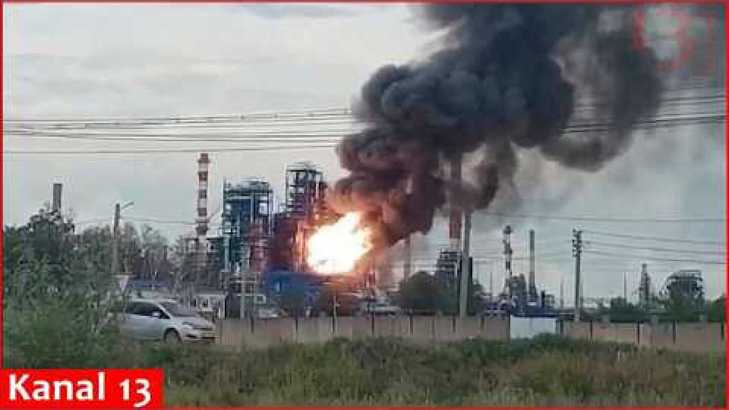 Moment of FP-1 drone strike on Russia’s key Omsk Oil Refinery - strong fire occurs