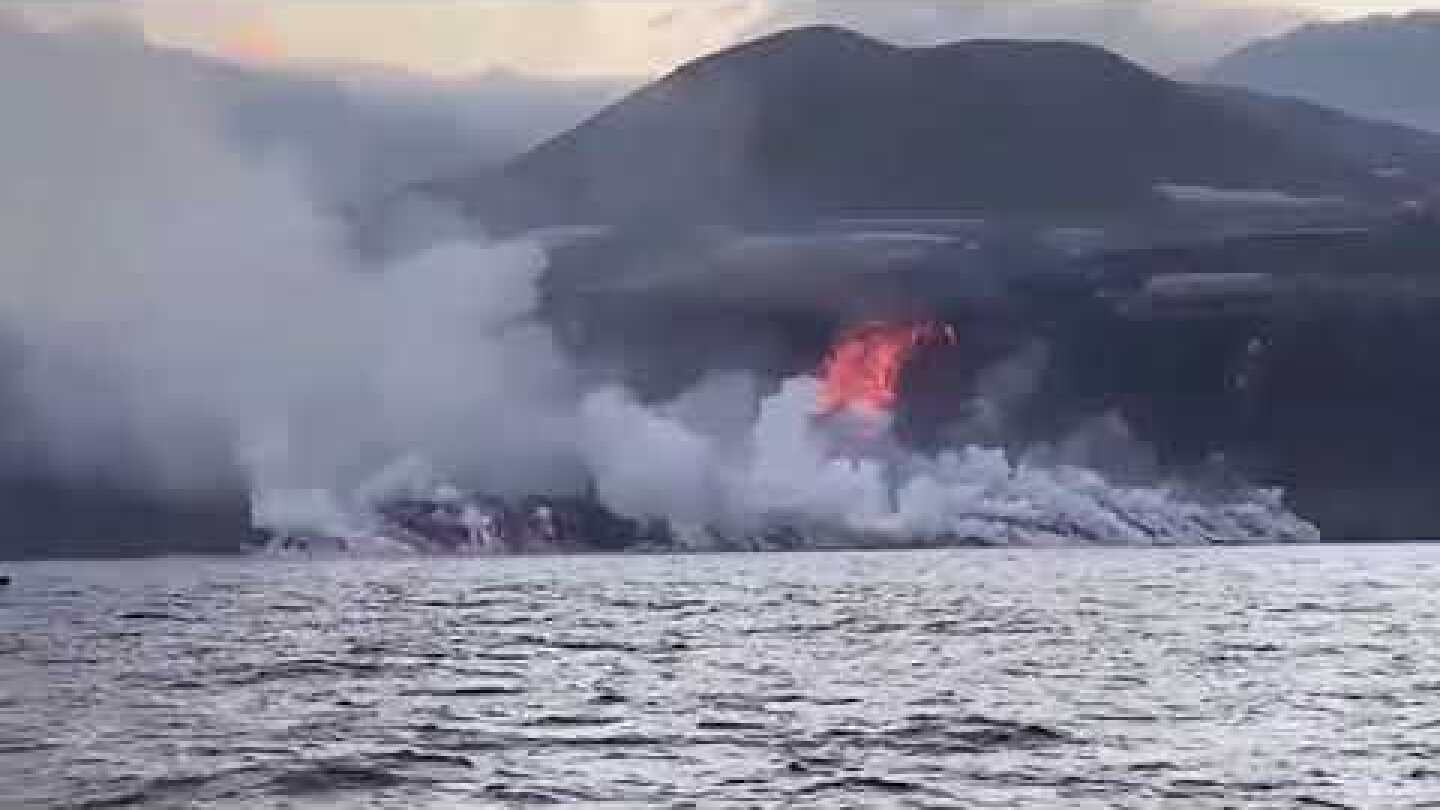 Steam Clouds Rise as Lava Crashes Into Ocean on Spain's La Palma