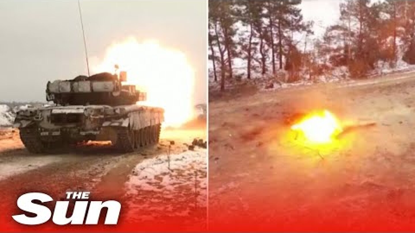 Russian troops perform military drills in Belarus with tanks