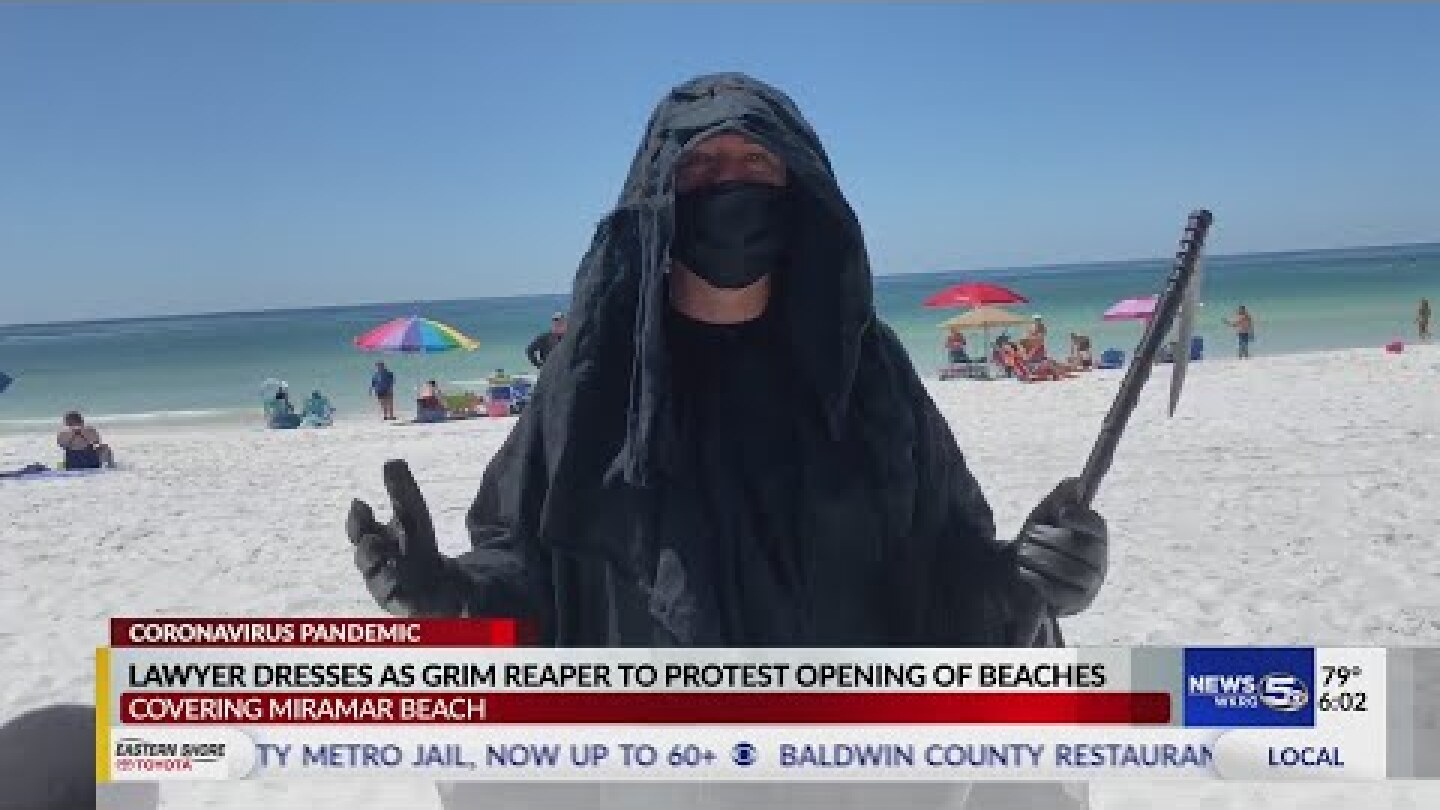 Lawyer dresses as grim reaper to protest opening of beaches