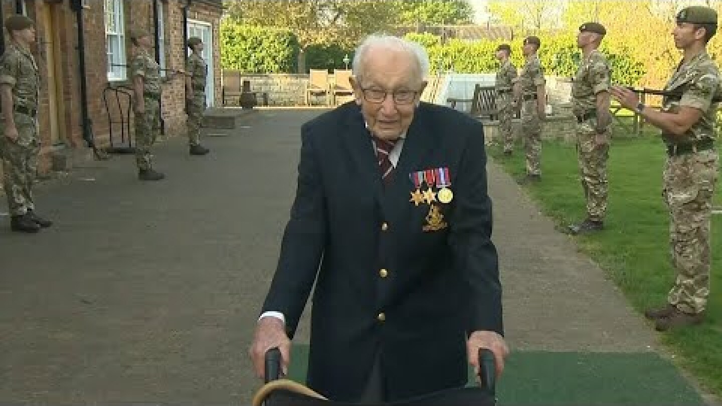 WWII veteran Captain Tom Moore completes his 100th lap after raising over £12m for the NHS