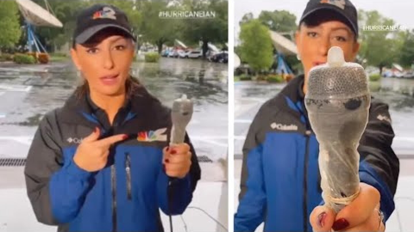 NBC's Reporter Kyla Galer Using Condom to Protect Microphone in a Hurricane
