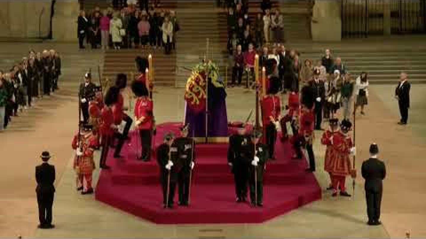 Shocking moment archer faints while guarding Queen Elizabeth's coffin