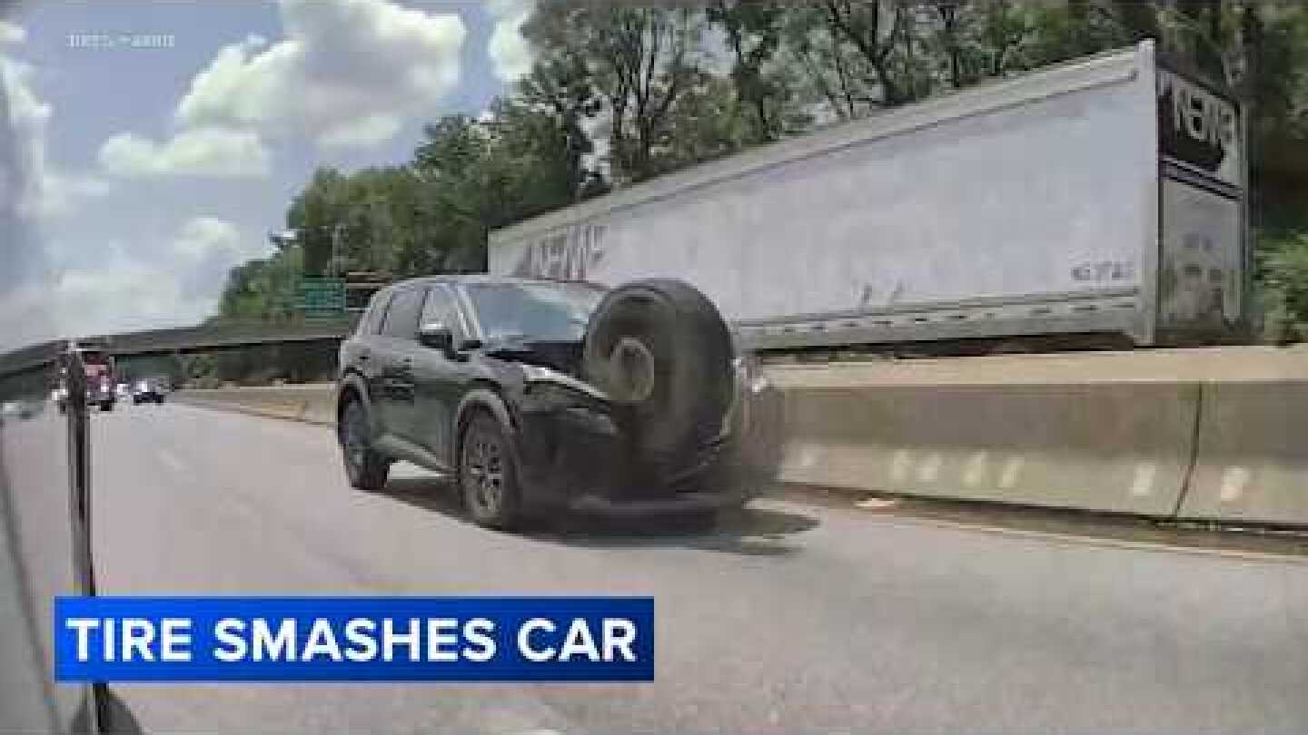 Video captures tire flying across I-76 before slamming into SUV in Philadelphia