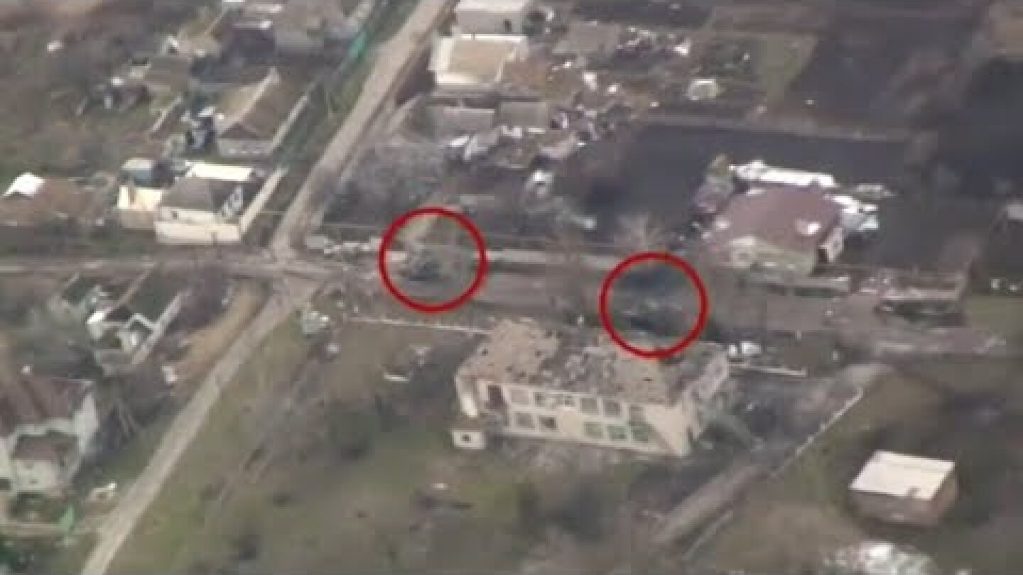 Russian tank destruction in Mariupol streets and hospital captured by drone footage