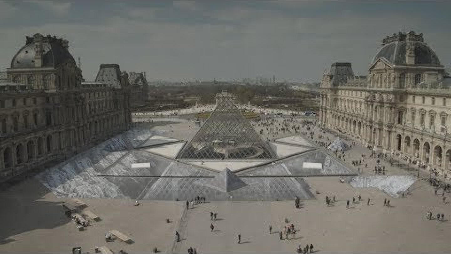 Watch JR construct a giant optical illusion around IM Pei's Louvre pyramid