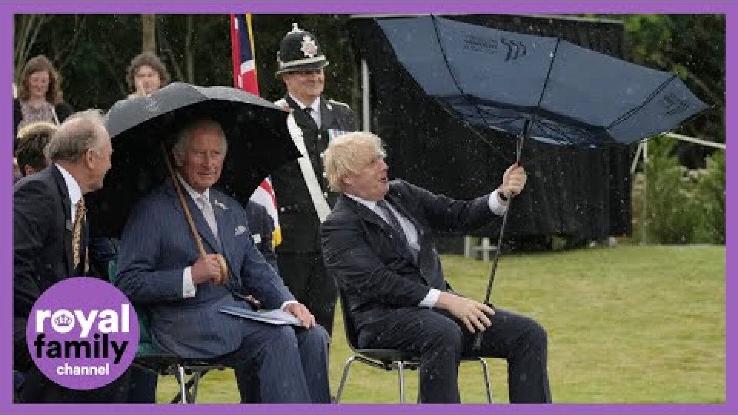 Prince Charles Giggles as Boris Johnson Battles Umbrella