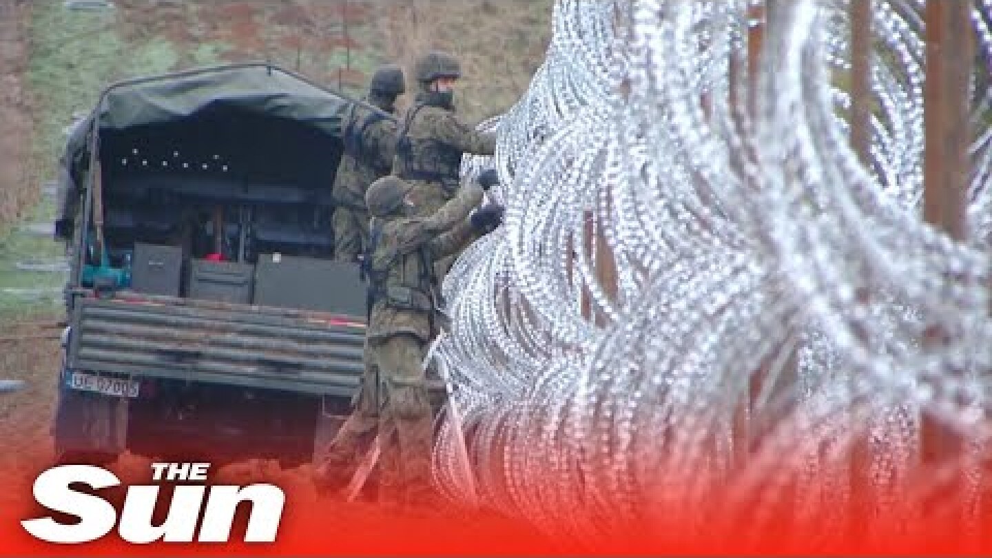 Polish soldiers build razor wire fence at border with Russia's Kaliningrad