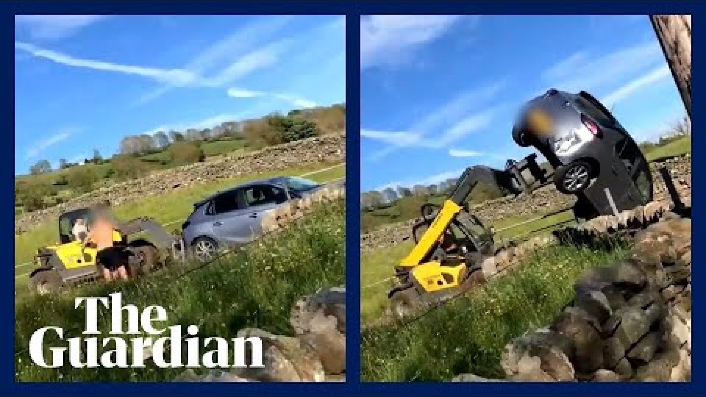 Farmer uses forklift tractor to push and flip car off his land