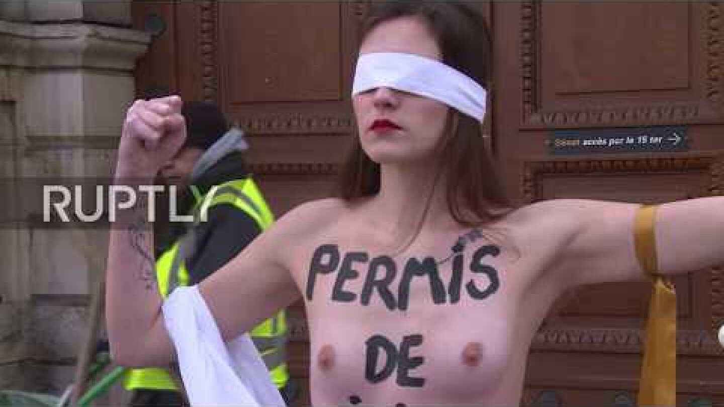 France: Topless FEMEN activists protest proposed rape law changes in Paris *EXPLICIT*