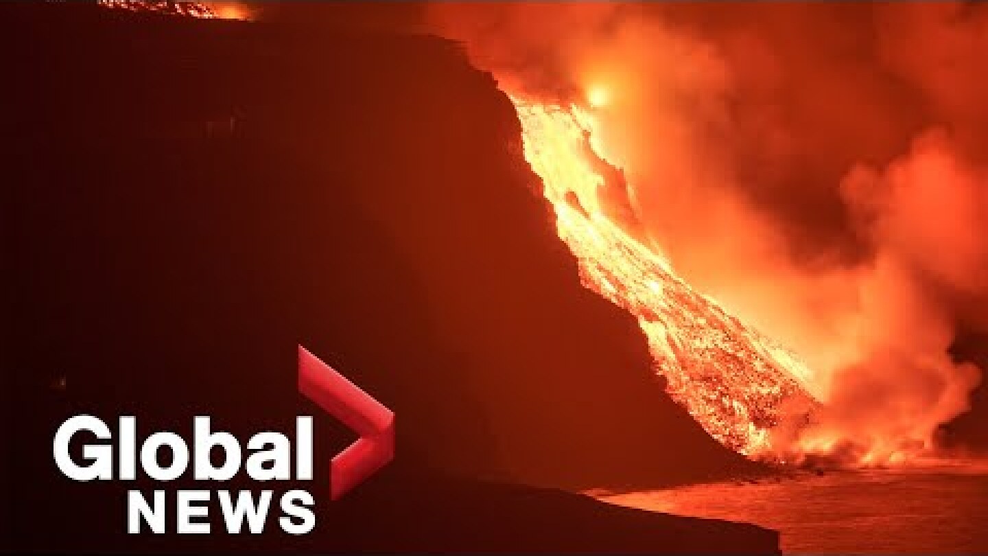 La Palma volcano: Video captures moment lava rocks fall from cliff to reach Atlantic Ocean
