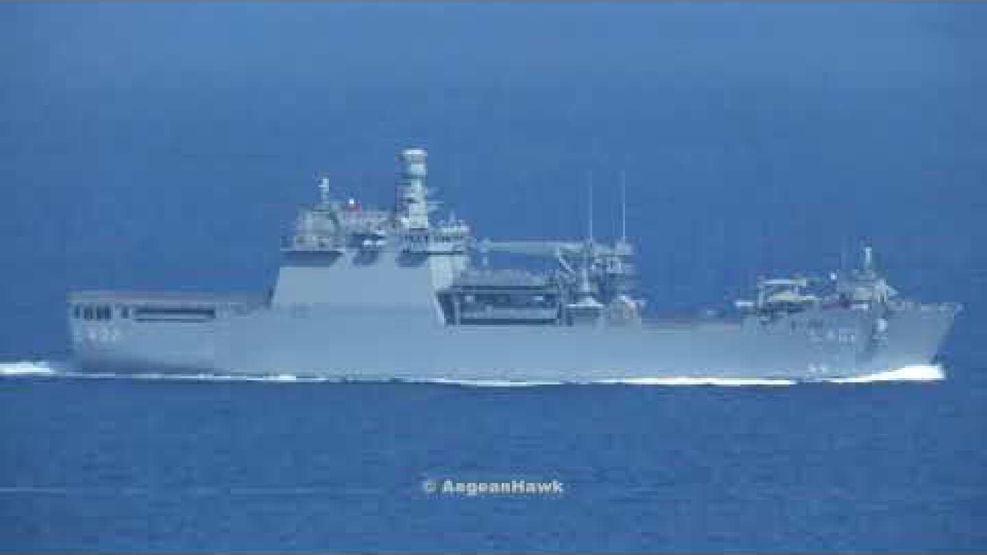 Turkish Navy LST Bayraktar class L402 and LCT 151 class C157 southbound Chios Strait.