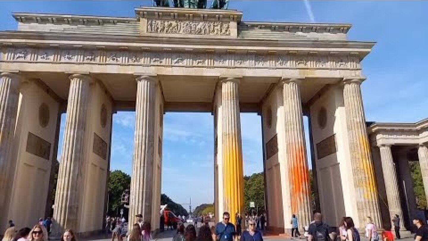 Brandenburg Gate in Berlin spray-painted by climate activists
