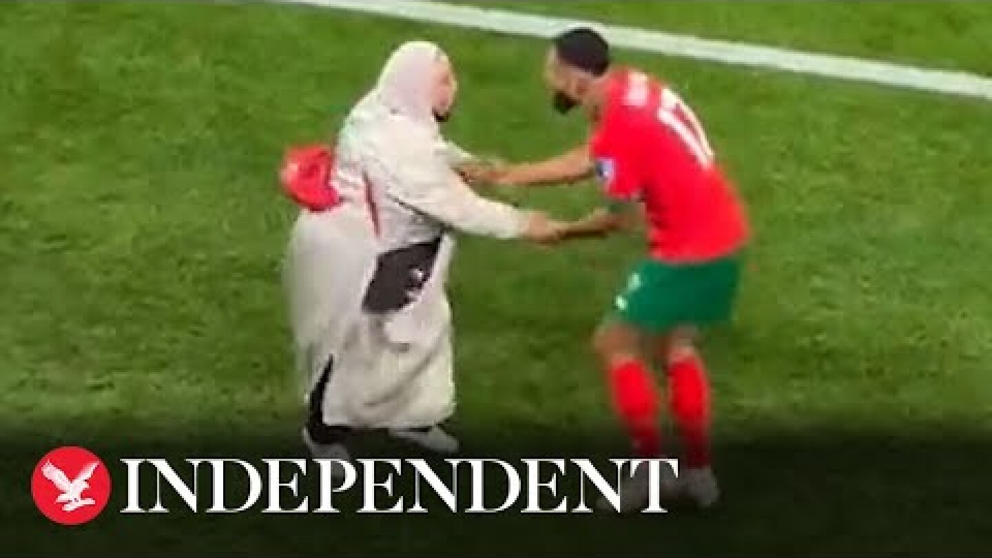 Morocco player celebrates by dancing with his mother after World Cup win