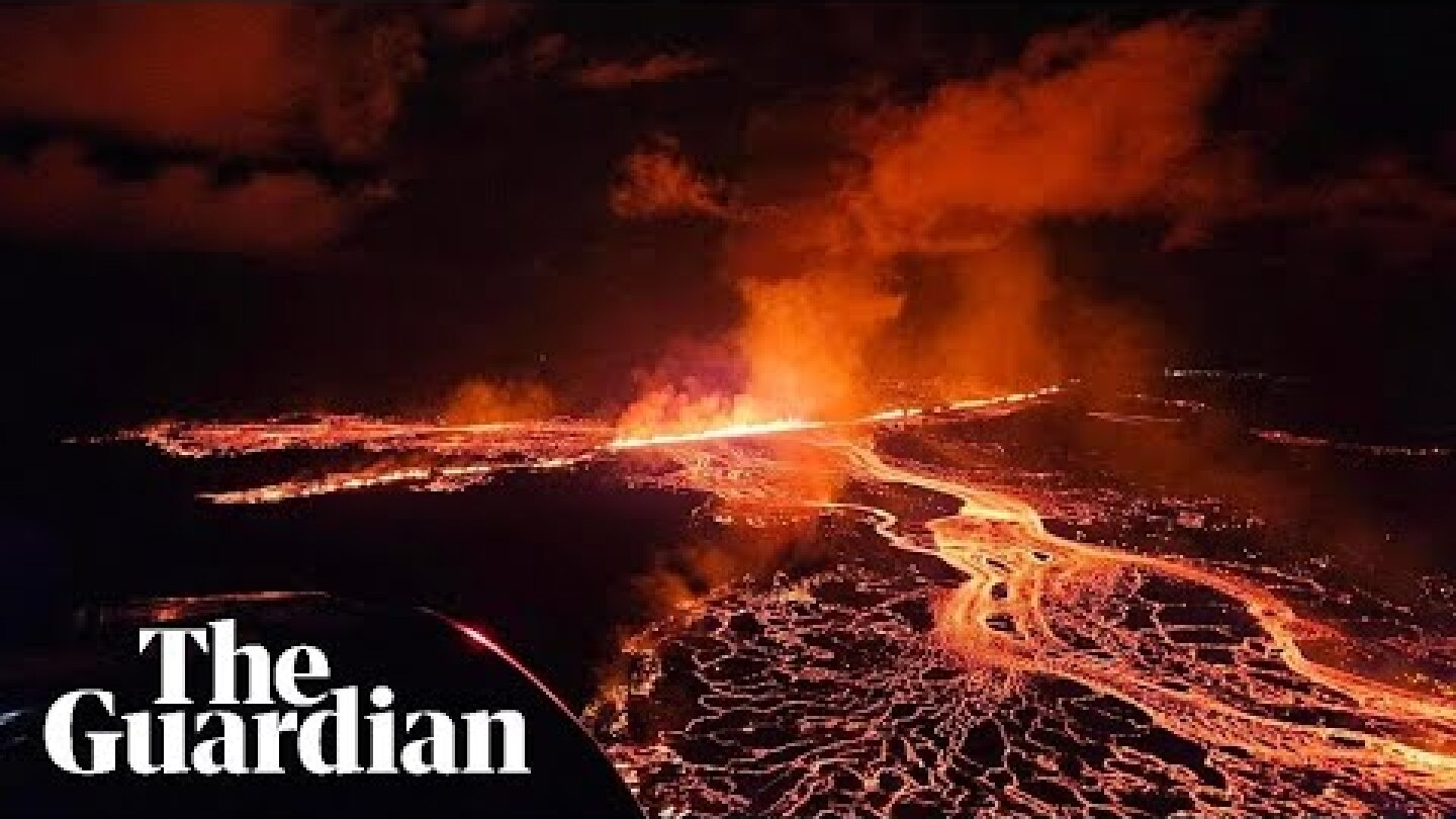 Aerial shots show lava and smoke erupting from volcano in Iceland