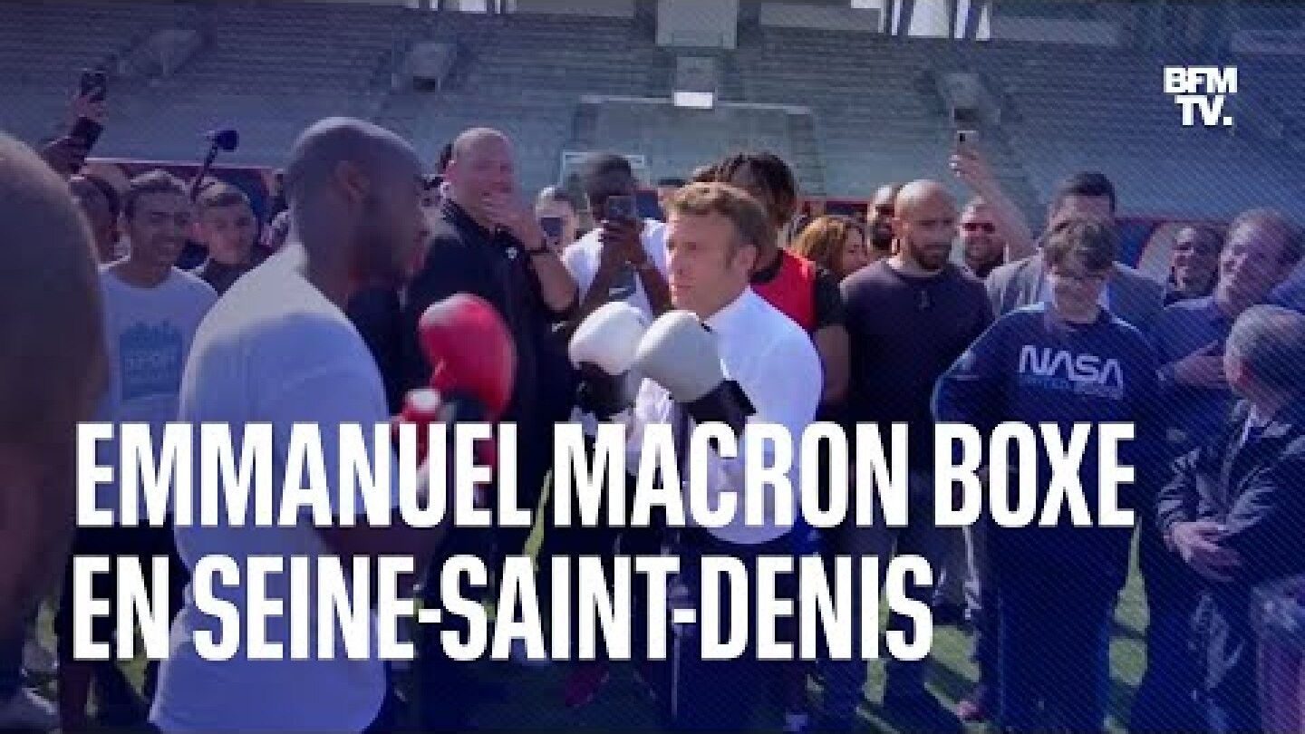 Emmanuel Macron chausse des gants de boxe et échange quelques coups en Seine-Saint-Denis