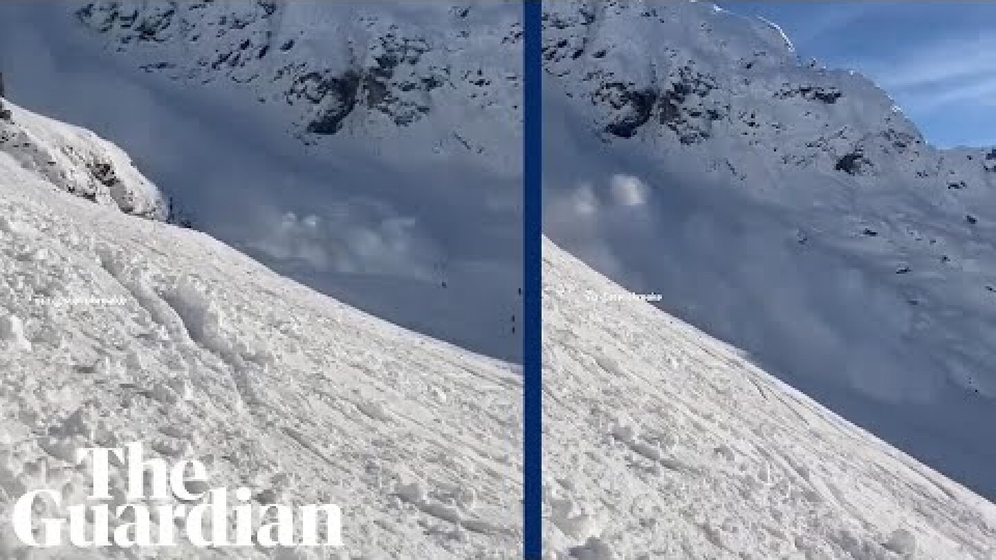 Moment avalanche sweeps over people skiing in Austria