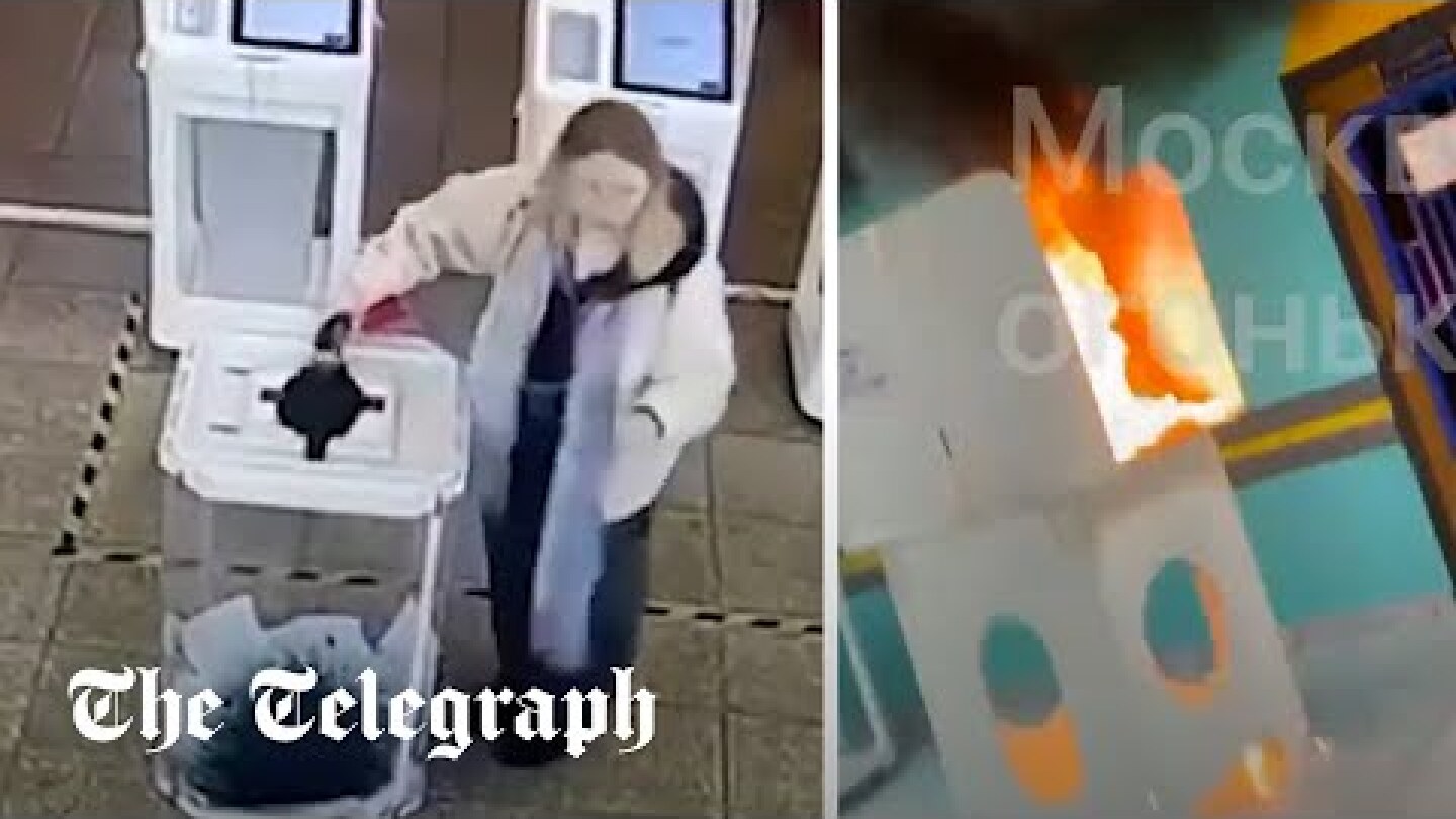 Russian voters set fire to polling booths and pour ink into ballot boxes as Putin landslide expected