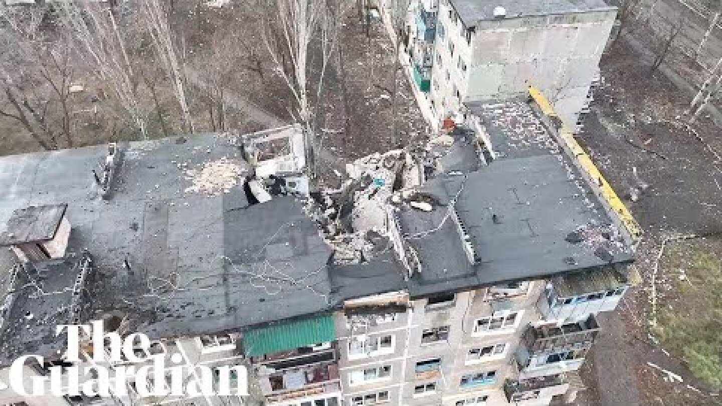 Drone footage from 2 February shows damage from Russian attacks on Vuhledar, Ukraine
