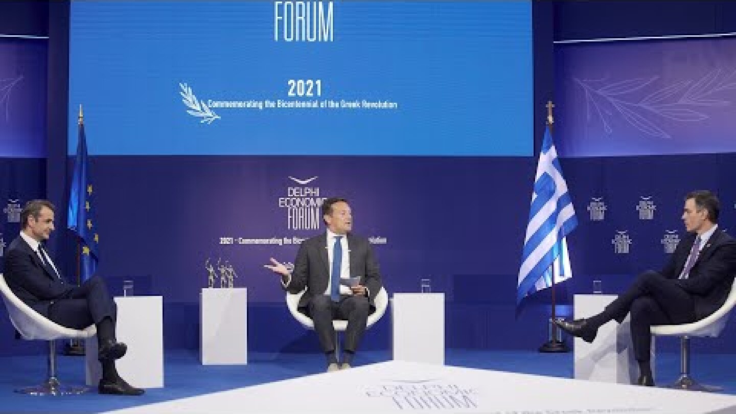 PM Mitsotakis and the PM of Spain Sánchez in conversation with Florian Eder at the Delphi Forum