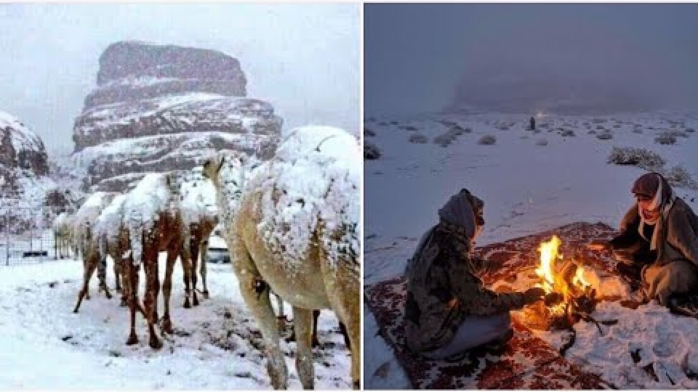 Incredible video show the Sahara desert covered in SNOW in Saudi Arabia.
