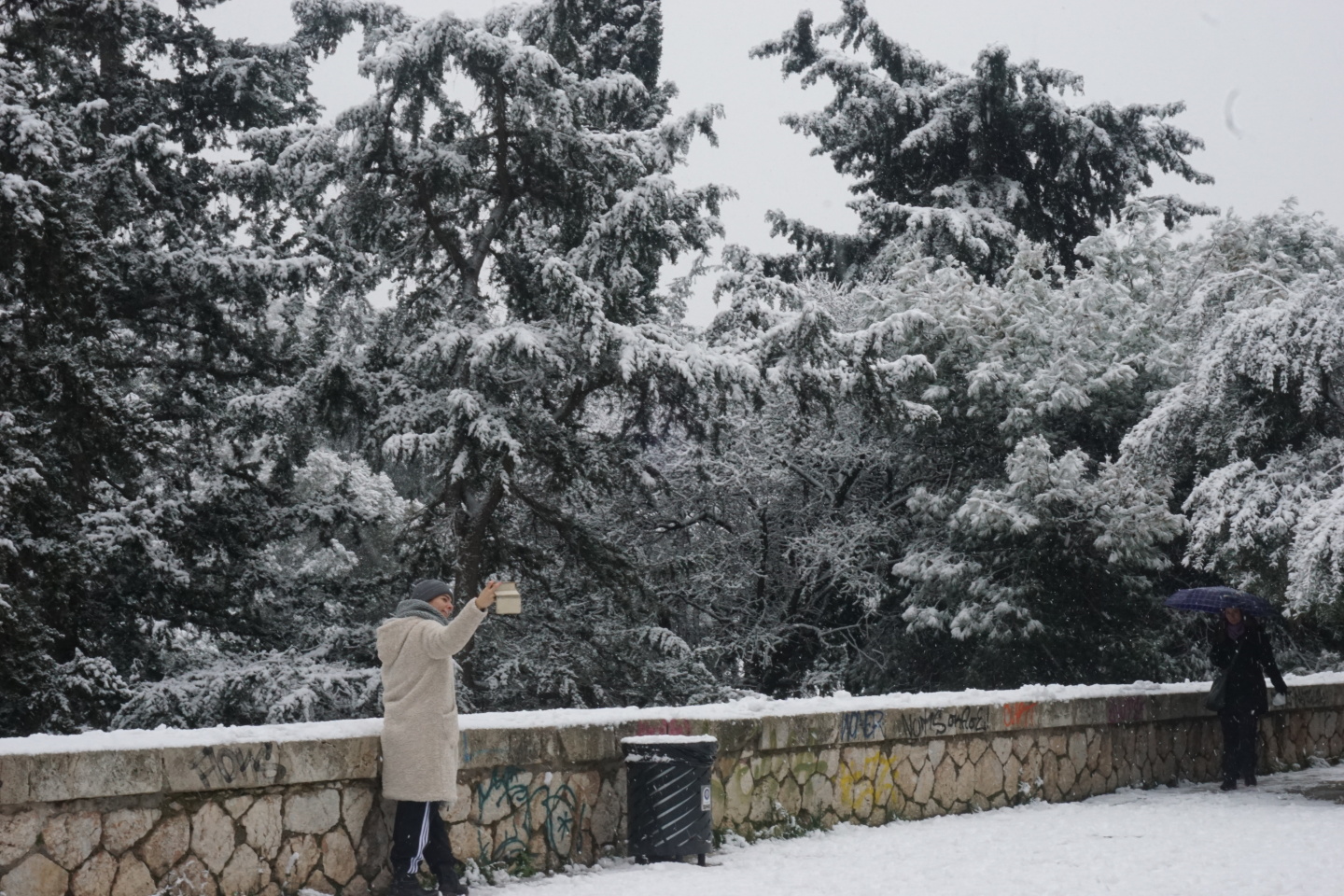Μια γυναίκα βγάζει σέλφι με θέα την χιονισμένη Ακρόπολη.