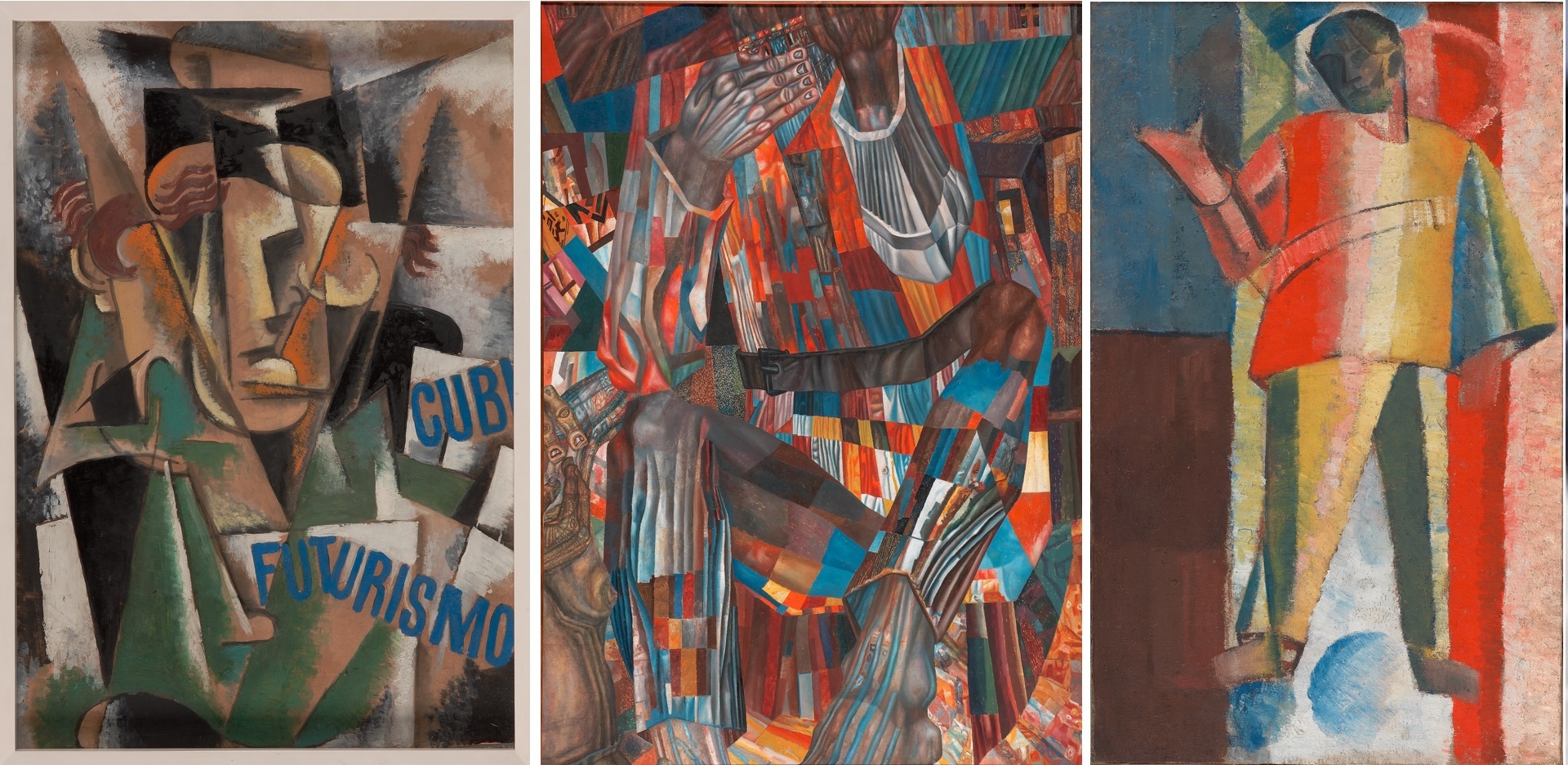 Λιουμπόβ Ποπόβα, Κυβοφουτουριστικό πορτρέτο, 1914, Λάδι σε χαρτόνι / ΒσέβολοντΣουλίμο-Σαμουίλο, Τμήμα από διακοσμητικό πανό για τον Κρατικό Οίκο Τυπογραφίας του Λένινγκραντ, 1927, Λάδι σε καμβά / Αλεξέι Μοργκουνόφ, Όρθια φιγούρα (αεροπόρος), 1913, Λάδι σε καμβά 