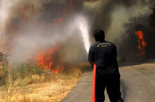 Πυροσβέστης ρίχνει νερό σε δασική πυρκαγιά