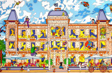 Πίνακας του Benoit Paré με το Ποσειδώνιο στις Σπέτσες και ήρωες του κόμικ Ten Ten