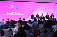 Panel discussion about AI at InnovEIT Athens event (Panos Polyzoidis, Nenad Popovic, Eleonora Marino, Gintaras Vilda, Jürgen Tiedje)