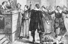 Γκραβούρα που απεικονίζει ένα κορίτσι να βρίσκεται στο πάτωμα κατά τη διάρκεια της δίκης για τις μάγισσες του Σάλεμ