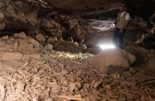 Αρχαιολόγος σε σπηλιά εξετάζει οστά