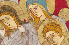 Επιτάφιος, κέντημα, λινό, μετάξι και ποικιλία μεταλλικών νημάτων, έργο του μοναχού Αρσενίου, 1587/1588. Λεπτομέρεια της εικ. 4. Πηγή: Ιερά Μονή Αγίου Νικάνορος (Ζάβορδας), Γρεβενά