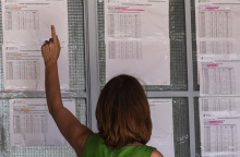 Αποτελέσματα Πανελληνίων 2022: Γυναίκα κοιτά τις βαθμολογίες έξω από σχολείο 