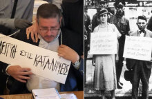 Αριστερά: Ο πρύτανης της ΑΣΟΕΕ Δημήτρης Μπουραντώνης εξευτελίζεται από κουκουλοφόρους - Δεξιά: Γερμανοί Ναζί έχουν κρεμάσει ταμπέλες σε Εβραίους