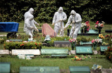 Με προστατευτικές στολές για τον κορωνοϊό, υπάλληλοι γραφείου τελετών στο Σάο Πάολο στη Βραζιλία κατεβάζουν με σχοινιά το φέρετρο νεκρού