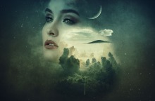 Εικονογράφηση γυναικείου προσώπου με φόντο δάσος