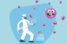 Εικονογράφηση που απεικονίζει νοσηλευτή να επιτίθεται με εμβόλιο στον κορωνοϊό