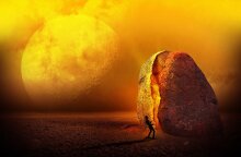 Εικονογράφηση που απεικονίζει έναν άνδρα μπροστά σε έναν βράχο