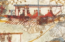 Η τοιχογραφία του Στόλου από το Ακρωτήρι στο Μουσείο Προϊστορικής Θήρας