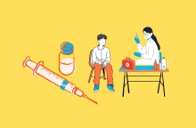 Εικονογράφηση που απεικονίζει νοσηλεύτρια να προετοιμάζει εμβολιασμό ανθρώπου