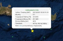 Σεισμική δόνηση 5,7 βαθμών της κλίμακας Ρίχτερ στον θαλάσσιο χώρο νότια της Κρήτης 