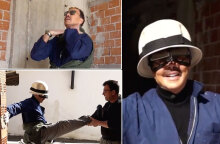 Ο Λάκης Γαβαλάς στην οικοδομή, ντυμένος οικοδόμος