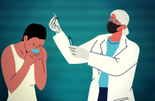 Εικονογράφηση που απεικονίζει γιατρό πριν τον εμβολιασμό ανθρώπου