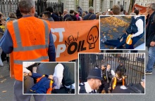 Ακτιβιστές της περιβαλλοντικής οργάνωσης Just Stop Oil επιχείρησαν να περάσουν από τις πύλες της Ντάουνινγκ Στριτ - Τους απομάκρυναν ένοπλοι αστυνομικοί.